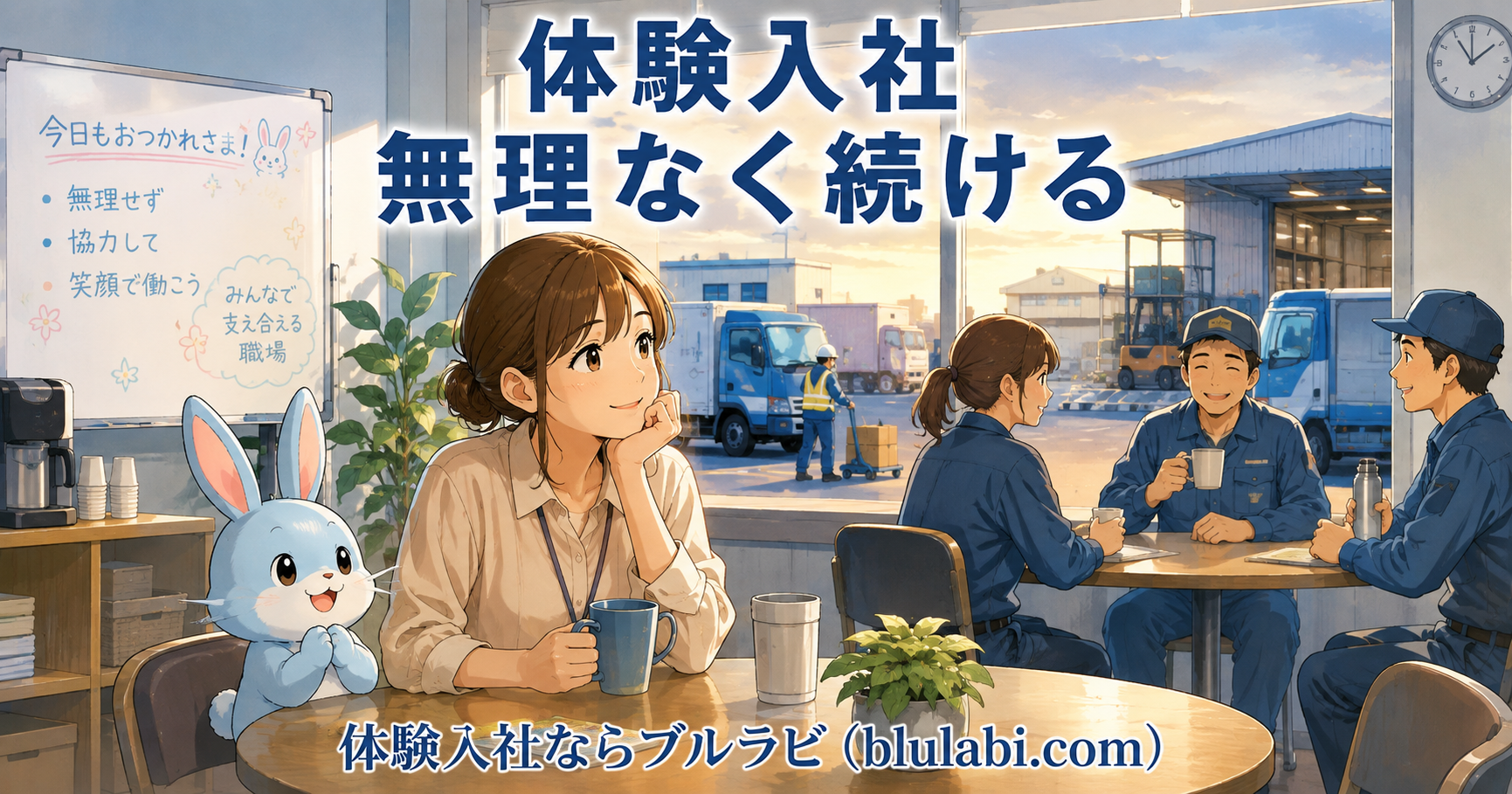 体験入社中のオフィスで、26歳女性応募者が先輩社員の説明を安心した表情で聞いている。隣では水色のブルラビがうなずき、奥では社員同士が協力しながら働いている。無理なく続けられる仕事かを見極める前向きな体験入社の様子。