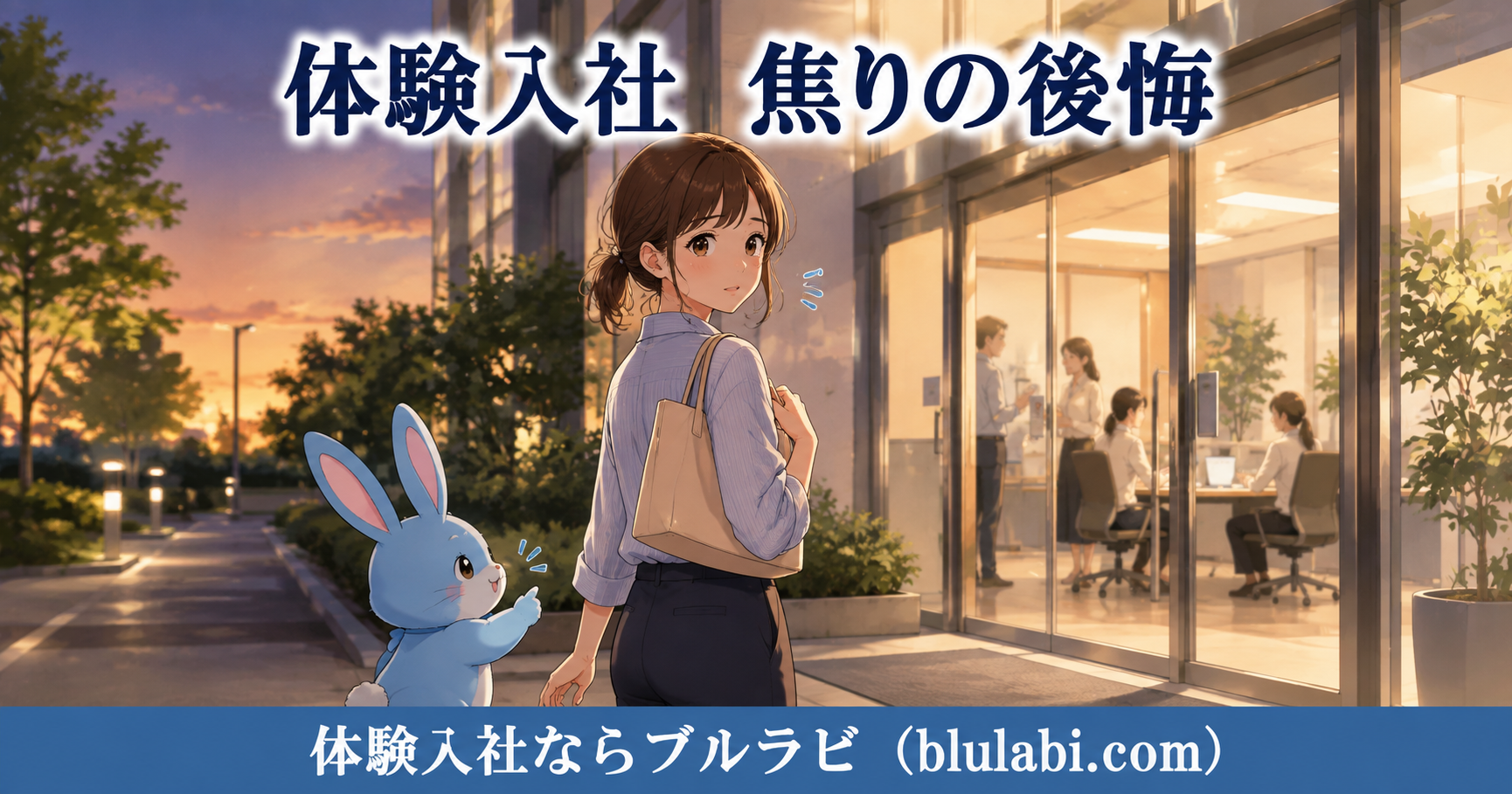 体験入社で焦って決めることを避けようと考える26歳女性応募者が、ブルラビと一緒に自分の気持ちを整理しながら職場を見ている様子