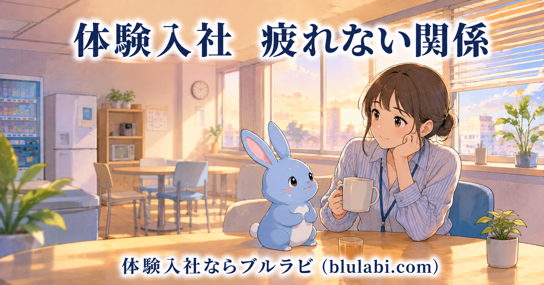 体験入社で疲れない人間関係を見極める26歳女性応募者とブルラビが、夕方の職場の休憩スペースで穏やかに過ごしている様子