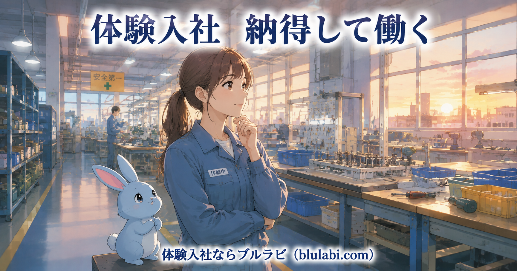 体験入社で納得して働くために、工場の作業現場で仕事内容や職場の雰囲気を見ながら考える26歳女性の応募者とブルラビ
