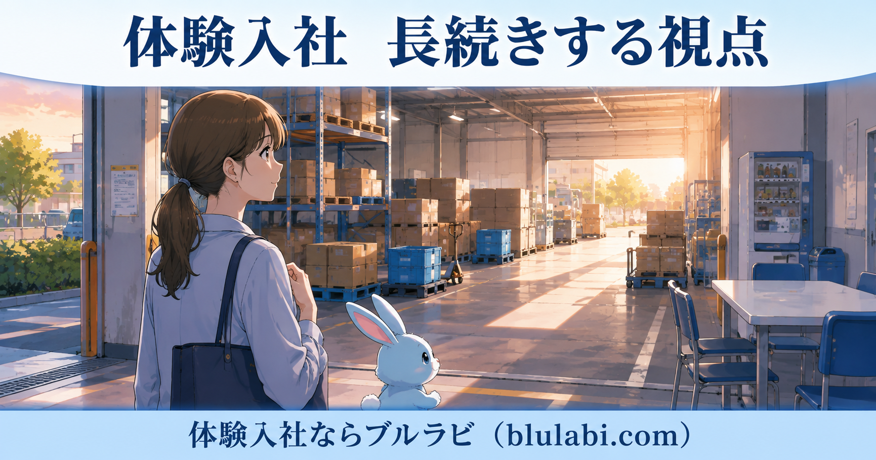 体験入社で長続きする視点を確認する26歳女性応募者とブルラビ。先輩社員から仕事を教わり、周囲の社員も自然に協力している明るいオフィスの様子。