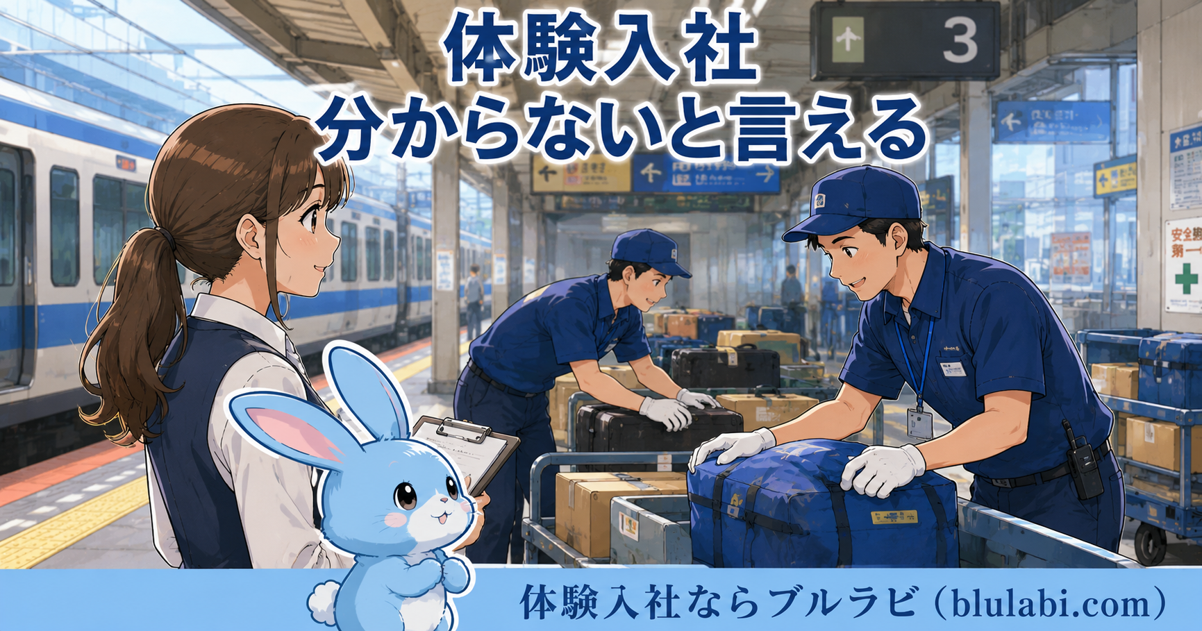体験入社で分からないと言えることの大切さを表現した駅構内の荷物仕分け作業。26歳女性の応募者とブルラビが、周囲のスタッフが協力して作業する様子を見ている。