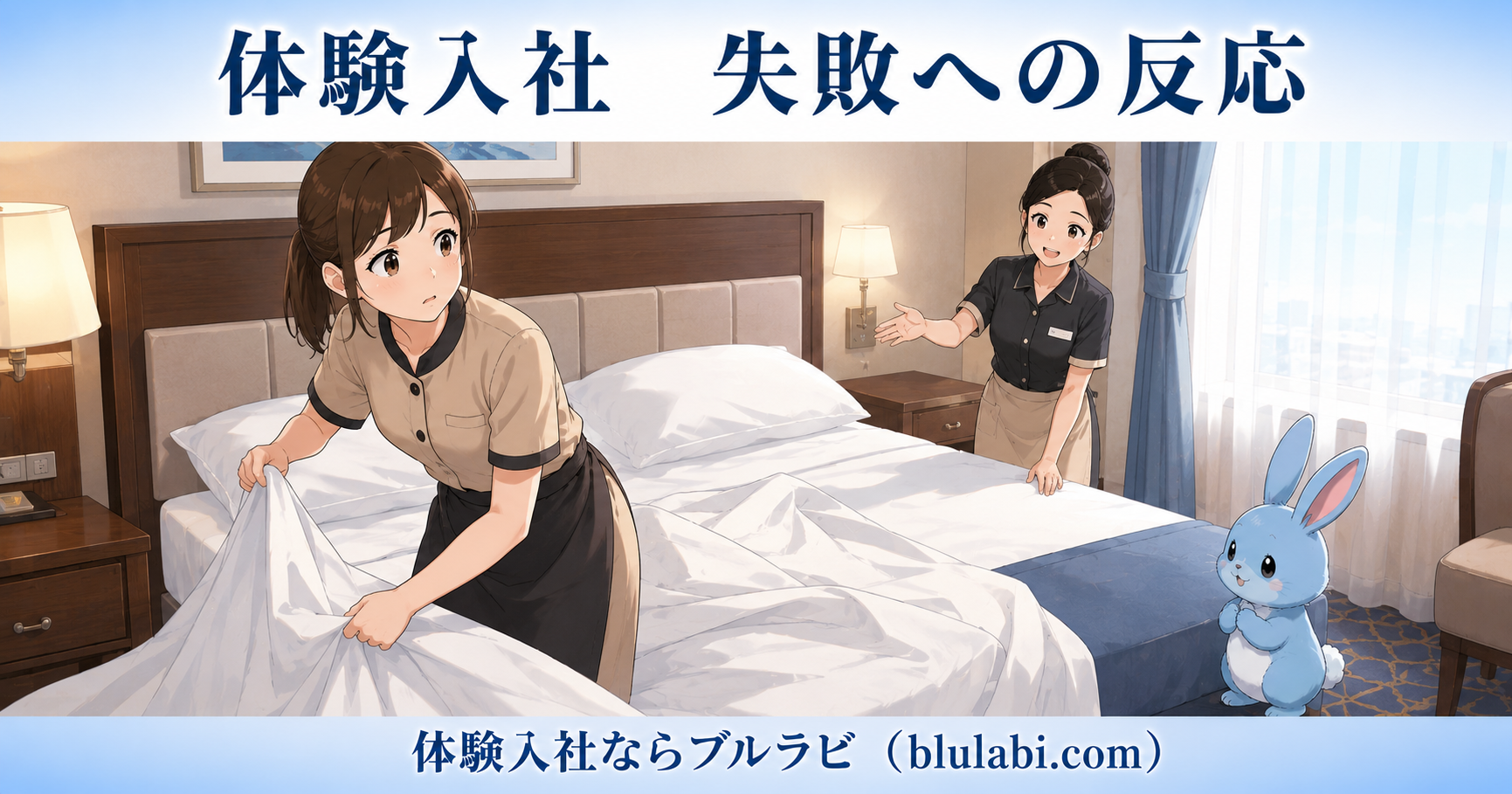 体験入社で失敗したとき、周囲の反応を確認する26歳女性応募者とブルラビ。ホテルの客室清掃を体験しながら、先輩スタッフの助言を受けて作業を続ける様子。