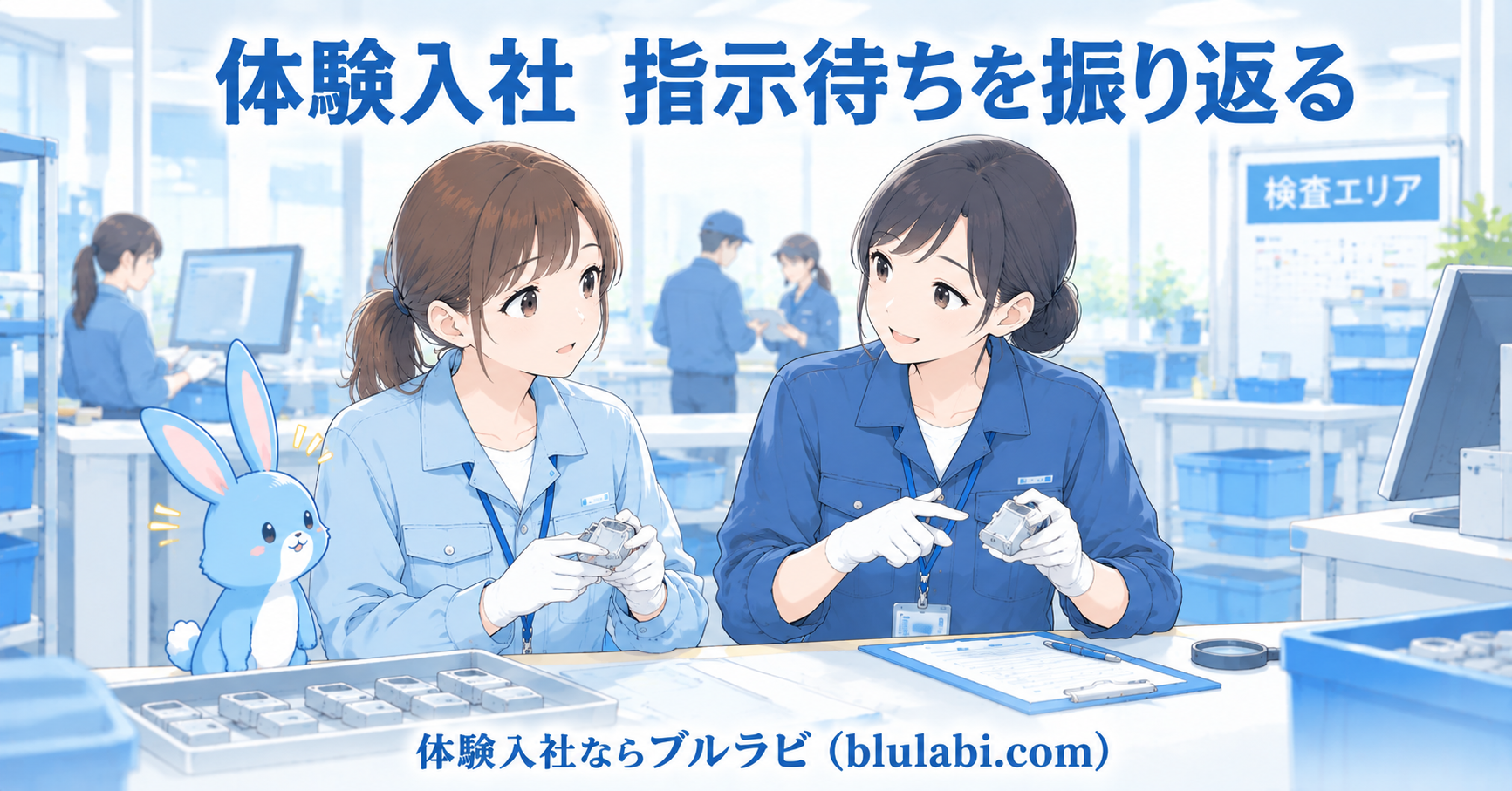 体験入社で指示待ちになった応募者が、工場の品質検査で作業内容を確認しながら仕事の進め方を振り返っている様子